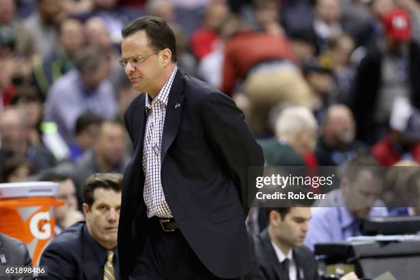 Head coach Tom Crean of the Indiana Hoosiers watches from the sidelines against the Wisconsin Badgers during the Big Ten Basketball Tournament at...