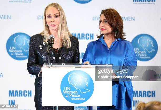 Barbara Winston and Muna Rihani Al-Nasser speak on stage at the 4th Annual UN Women For Peace Association Awards Luncheon at United Nations on March...