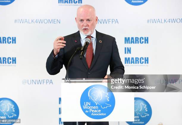 President of the United Nations General Assembly Peter Thomson speaks on stage at the 4th Annual UN Women For Peace Association Awards Luncheon at...