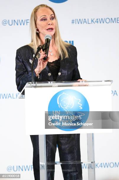 Barbara Winston speaks on stage at the 4th Annual UN Women For Peace Association Awards Luncheon at United Nations on March 10, 2017 in New York City.