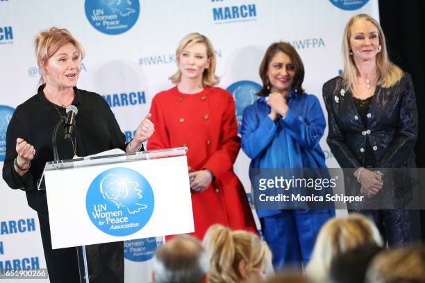 Actress and honoree Deborra-Lee Furness, joined by Cate Blanchett, Muna Rihani Al-Nasser and Barbara Winston, speaks on stage at the 4th Annual UN...