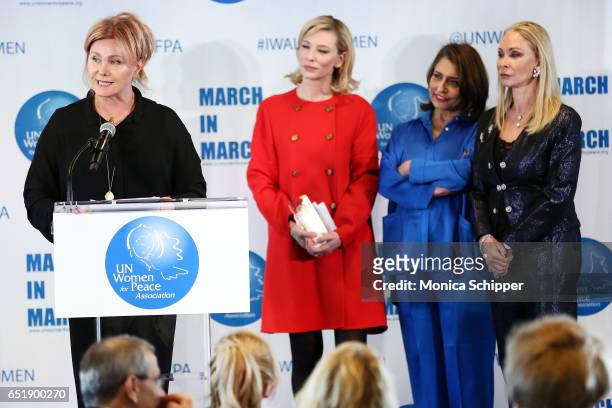 Actress and honoree Deborra-Lee Furness, joined by Cate Blanchett, Muna Rihani Al-Nasser and Barbara Winston, speaks on stage at the 4th Annual UN...