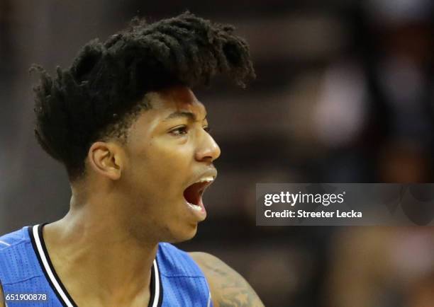 Elfrid Payton of the Orlando Magic reacts during their game against the Charlotte Hornets at Spectrum Center on March 10, 2017 in Charlotte, North...