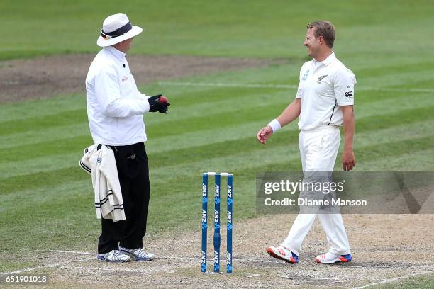 Neil Wagner of New Zealand finishes an over during day four of the First Test match between New Zealand and South Africa at University Oval on March...