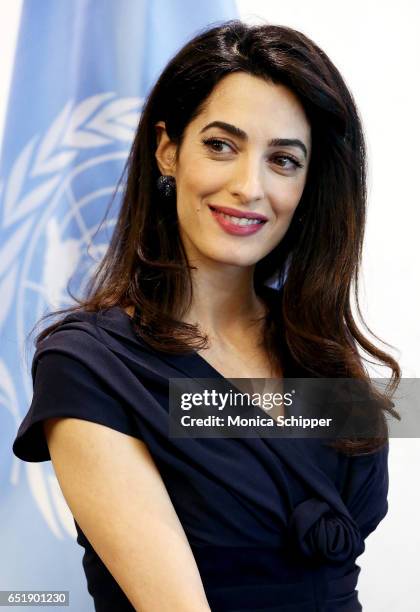 Human rights attorney Amal Clooney visits the Secretary-General Of The United Nations Antonio Guterres at United Nations Headquarters on March 10,...