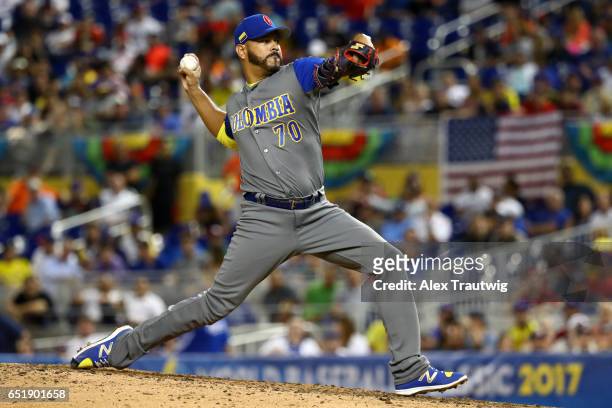 Guillermo Moscoso of Team Colombia pitches during Game 2 Pool C of the 2017 World Baseball Classic against Team USA on Friday, March 10, 2017 at...