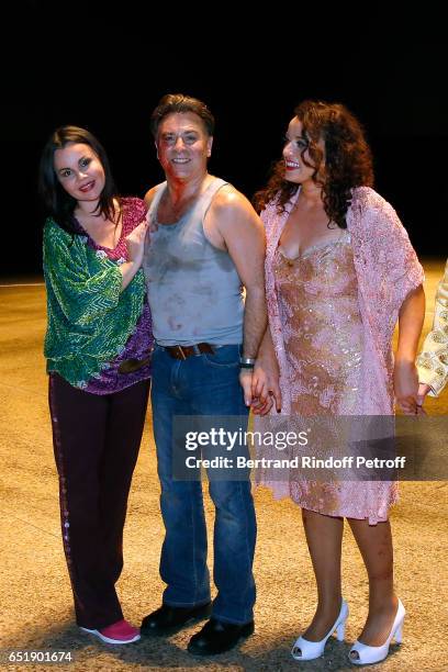Soprano Alexandra Kurzak, Tenor Roberto Alagna and Mezzo-Soprano Clementine Margaine pose after have performed during the AROP Charity Gala in the...