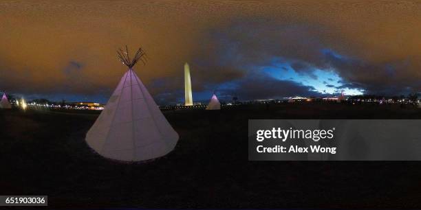 Tipis are erected on the ground of Washington Monument March 10, 2017 in Washington, DC. The Standing Rock Sioux Tribe staged protests outside the...