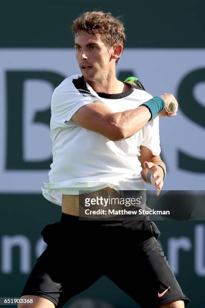 Henri Laaksonen of Switzerland plays Borna Coric of Croatia during the BNP Paribas Open at the Indian Wells Tennis Garden on March 10, 2017 in Indian...