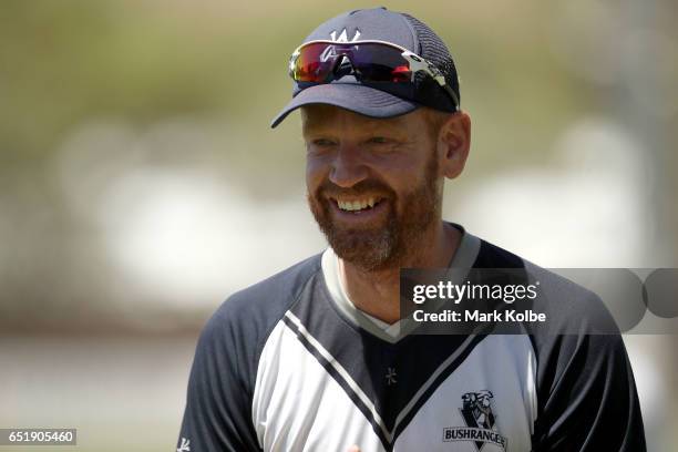 Andrew McDonald of the Bushrangers celebrates victory during the Sheffield Shield match between Victoria and Western Australia at Traeger Park on...