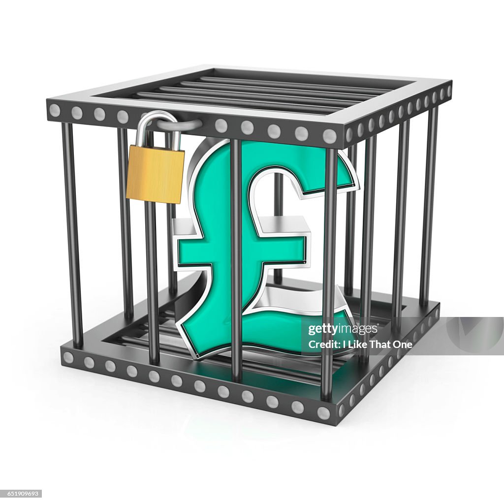 Sterling pound symbol locked inside a steel cage
