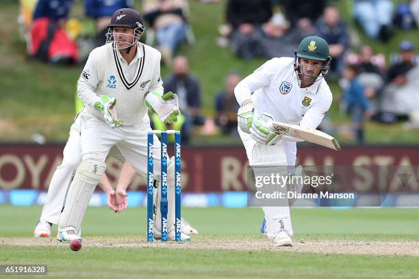 Dean Elgar of South Africa bats during day four of the First Test match between New Zealand and South Africa at University Oval on March 11, 2017 in...