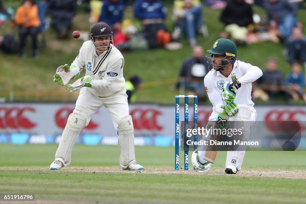 Faf du Plessis of South Africa bats during day four of the First Test match between New Zealand and South Africa at University Oval on March 11, 2017...