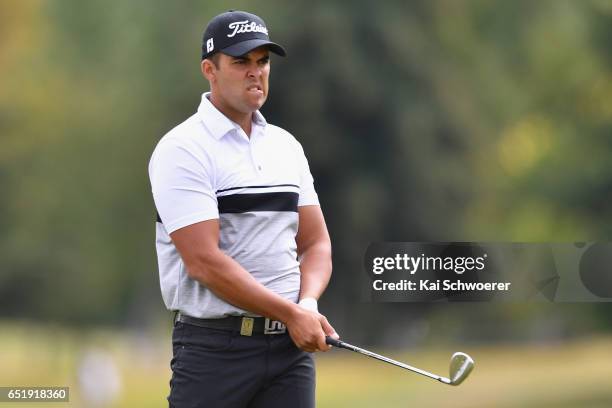 Dimitrios Papadatos of Australia reacting during day three of the New Zealand Open at Millbrook Resort on March 11, 2017 in Queenstown, New Zealand.