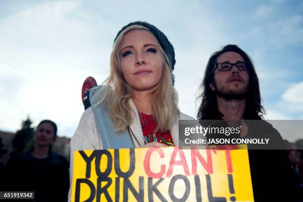 Indigenous rights activists gather in the Native Nations March in Denver, Colorado on March 10, 2017. Native tribes from around the US gathered for...