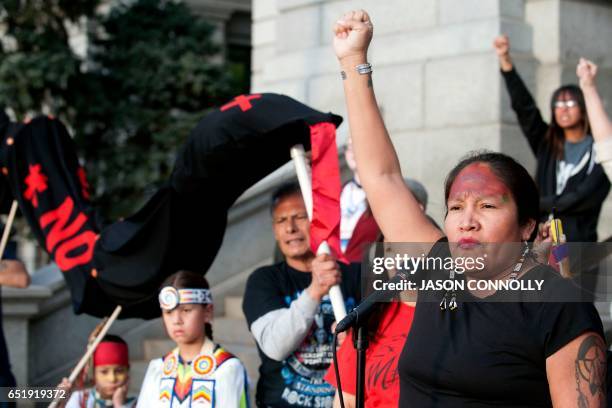 Molly Ryan Kills Enemy of the Sicangu Lakota Nation addresses indigenous rights activists gathered at the Colorado State Capital during the Native...