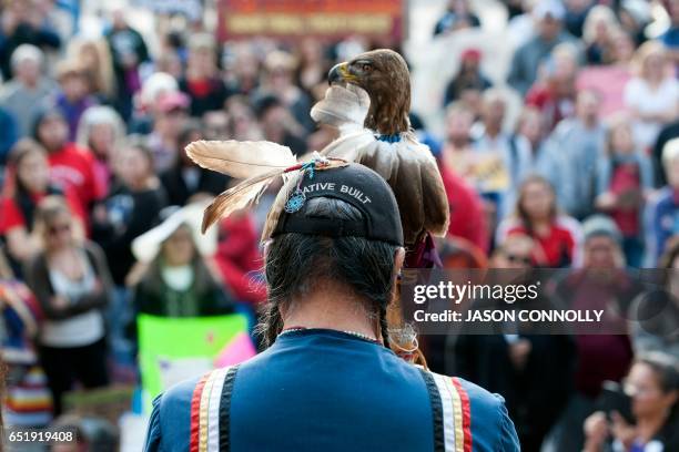 Robert Cross Crocked Eyes of the Lakota Nation addresses indigenous rights activists gathered at the Colorado State Capital during the Native Nations...