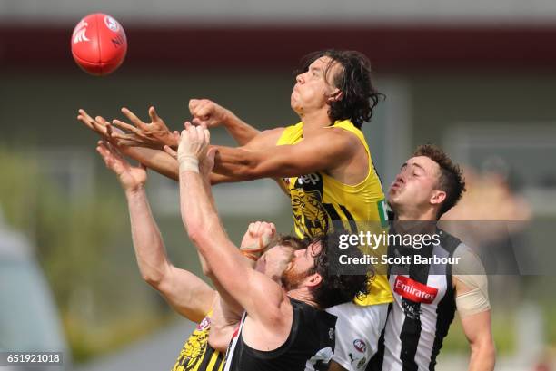 Daniel Rioli of the Tigers marks the ball during the 2017 JLT Community Series AFL match between the Richmond Tigers and the Collingwood Magpies at...