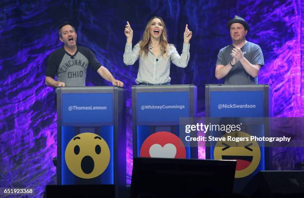 Actor Thomas Lennon, comedian/actor Whitney Cummings, and comedian/actor Nick Swardson speak onstage at "@midnight with Chris Hardwick Live" during...