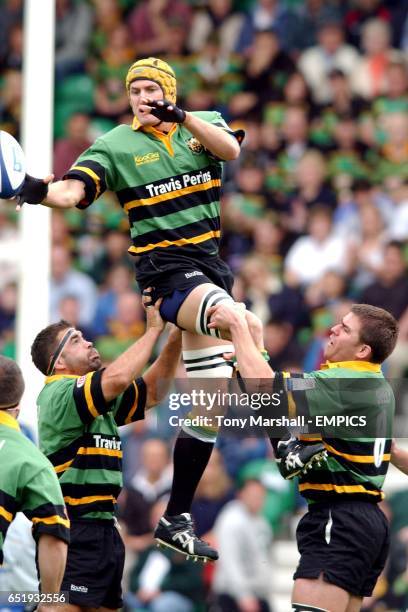 Northampton Saints' new signing Mark Connors wins the ball in the line out against Newcastle