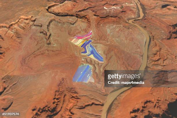 A 3d rendered image of the evaporation ponds at the Moab potash mine outsife of Moab, Utah. Photo Maps4media via Getty Images.