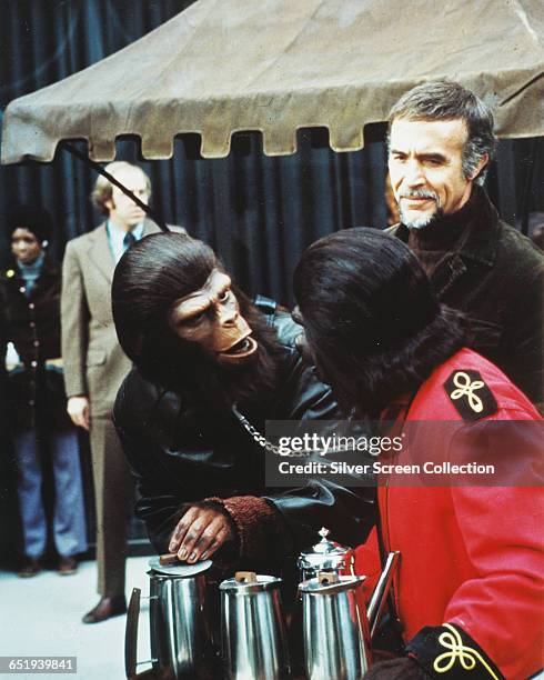 Actor Ricardo Montalban as Armando and Roddy McDowall as Caesar in 'Conquest of the Planet of the Apes', 1972.