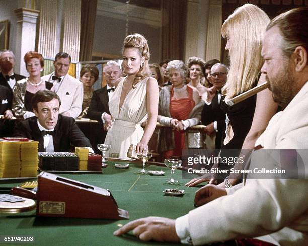 Peter Sellers as Evelyn Tremble/James Bond/007, Ursula Andress as Vesper Lynd/007 and Orson Welles as Le Chiffre in the James Bond spoof 'Casino...