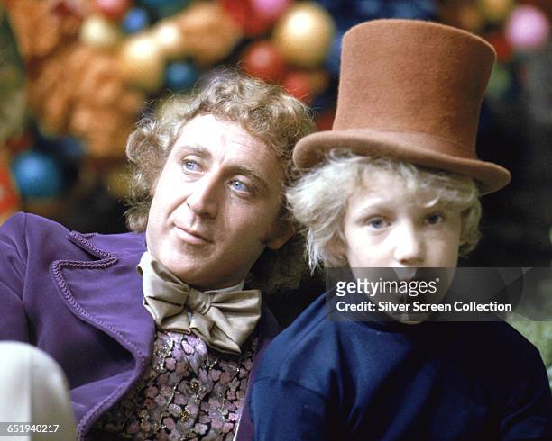 Gene Wilder as Willy Wonka and Peter Ostrum as Charlie Bucket on the set of the fantasy film 'Willy Wonka & the Chocolate Factory', based on the book...