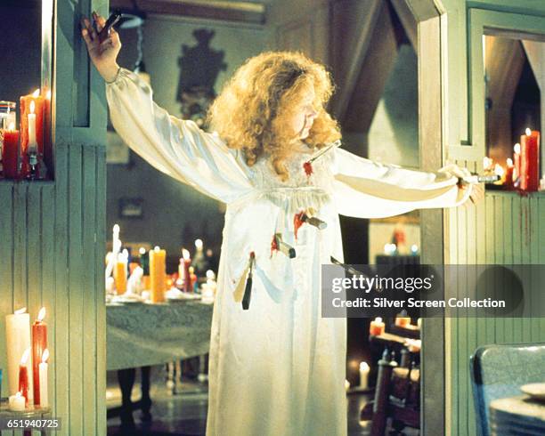 American actress Piper Laurie comes to a grisly end in the horror film 'Carrie', 1976.