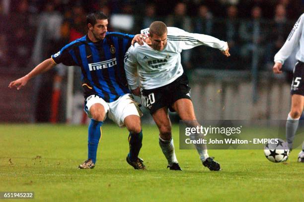 Inter Milan's Francesco Coco battles for possession of the ball with Rosenborg's Azar Karadas