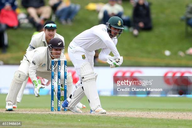 Quinton de Kock of South Africa bats during day four of the First Test match between New Zealand and South Africa at University Oval on March 11,...