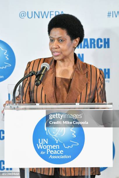 Mrs. Phumzile Mlambo-Ngcuka speaks the UN Women for Peace Association March In March Awards Luncheon at ONE UN New York on March 10, 2017 in New York...