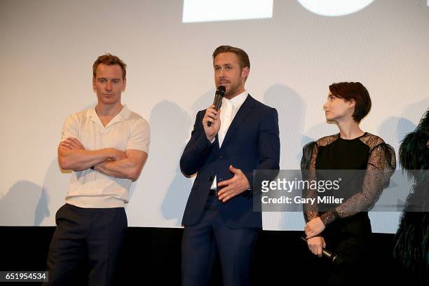 Michael Fassbender, Ryan Gosling and Rooney Mara attend the world premiere of Terrence Malick's new film Song to Song at the Paramount Theater during...