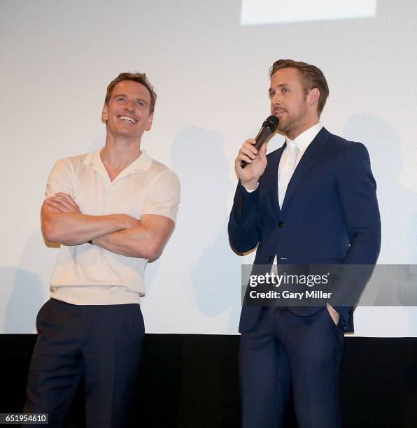 Michael Fassbender and Ryan Gosling attend the world premiere of Terrence Malick's new film Song to Song at the Paramount Theater during the South By...