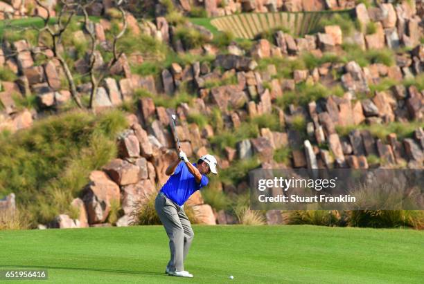 Adilson Da Silva of Brazil plays a shot during the continuation of the delayed second round of the Hero Indian Open at Dlf Golf and Country Club on...