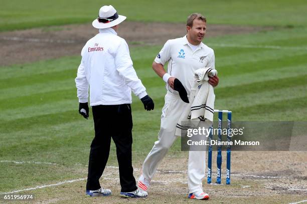 Neil Wagner of New Zealand finishes an over during day four of the First Test match between New Zealand and South Africa at University Oval on March...