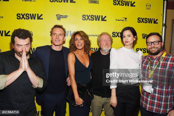 Actors Danny McBride, Michael Fassbender, Giannina Facio, director Sir Ridley Scott, actress Katherine Waterston, and Producer & Senior Programmer of...