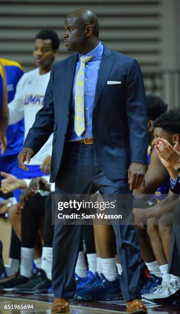 Head coach Kareem Richardson of the UKMC Kangaroos looks on during a semifinal game of the Western Athletic Conference Basketball Tournament at the...