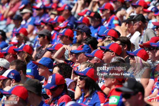 Knights fans watch on during the round two NRL match between the Newcastle Knights and the Gold Coast Titans at McDonald Jones Stadium on March 11,...