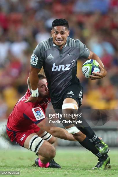 Pete Samu of Crusaders runs the ball during the round three Super Rugby match between the Reds and the Crusaders at Suncorp Stadium on March 11, 2017...