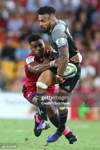 Digby Ioane of Crusaders runs the ball during the round three Super Rugby match between the Reds and the Crusaders at Suncorp Stadium on March 11,...