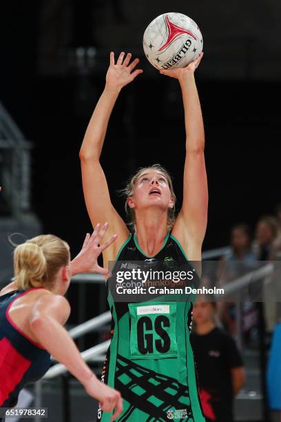 Kaylia Stanton of the Fever shoots during the round four Super Netball match between the Vixens and the Fever at Hisense Arena on March 11, 2017 in...