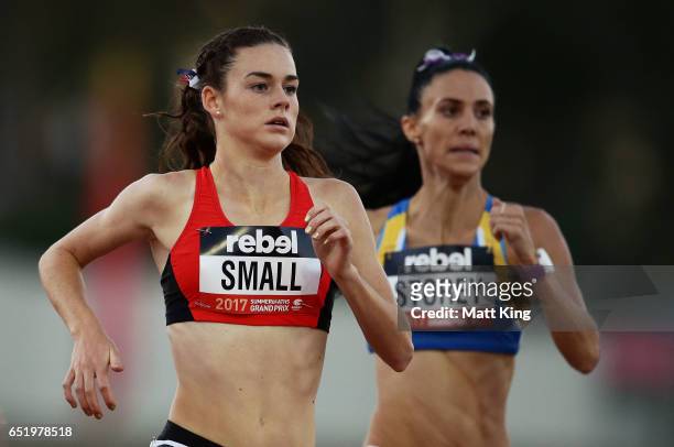 Keely Small of ACT gets past Lora Storey of NSW to win the Women800m A Final during the SUMMERofATHS Grand Prix on March 11, 2017 in Canberra,...