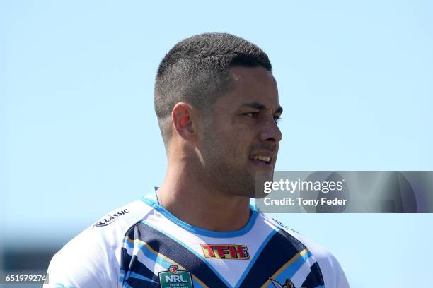 Jarryd Hayne of the Titans in the warm up during the round two NRL match between the Newcastle Knights and the Gold Coast Titans at McDonald Jones...