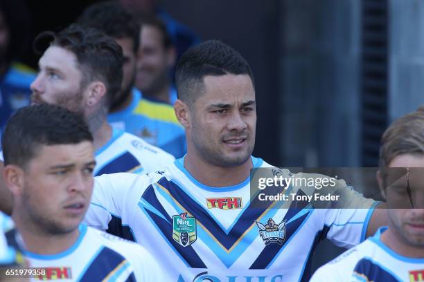 Jarryd Hayne of the Titans runs out for the warm up during the round two NRL match between the Newcastle Knights and the Gold Coast Titans at...