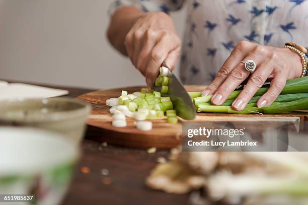 making kimchi: cutting scallions - bosui stockfoto's en -beelden