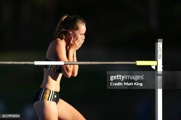 Zoe Timmers of WA celebrates after her winning jump in the Women's High Jump during the SUMMERofATHS Grand Prix on March 11, 2017 in Canberra,...