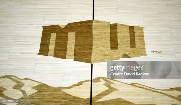 General view of the court shows the Mountain West Conference logo before the start of the a semifinal game of the Mountain West Conference basketball...