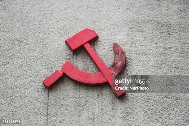 The hammer and sickle Communist symbol at the obelisk of Soviet Red Army Memorial in Chorzow, Poland, on March 10, 2017. The memorial site contains...