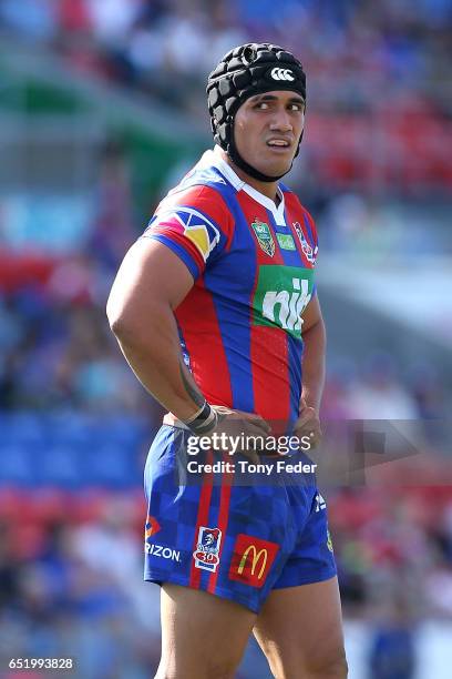 Sione Mata'Utia of the Knights during the round two NRL match between the Newcastle Knights and the Gold Coast Titans at McDonald Jones Stadium on...